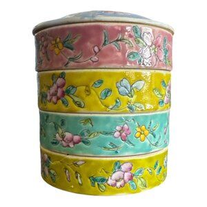 Antique Chinese Porcelain Sweetmeat Jewelry Stacking Box Famille Floral